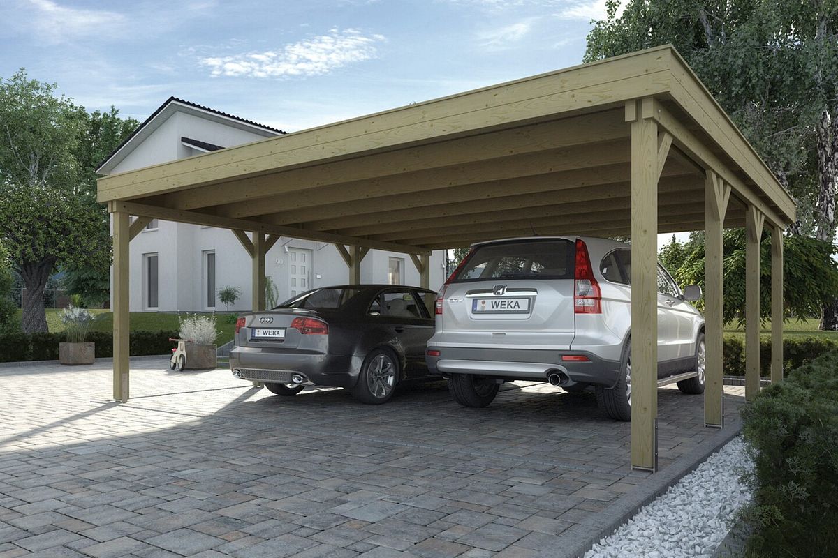 Der Weka Doppelcarport 609 ist aus Holz mit Trapezdachplatten aus Stahlblech