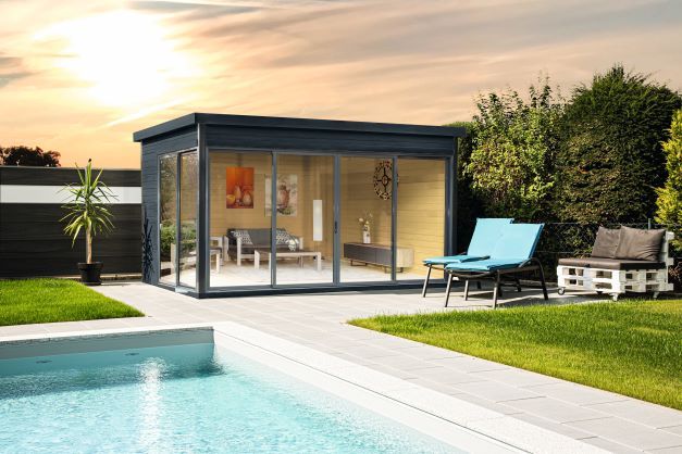 Wolff Finnhaus Gartenhaus Studio 44-D mit Alu-Eckverkleidung/Schiebetür inkl. gratis Fundamentanker/Pads