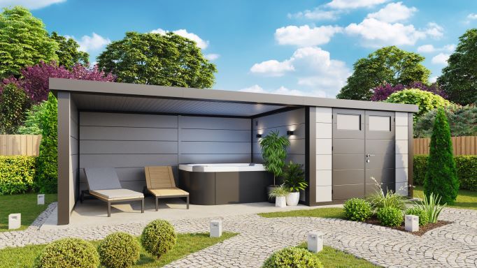 Wolff Finnhaus Metallgerätehaus Eleganto 3330 mit Lounge Anbau 