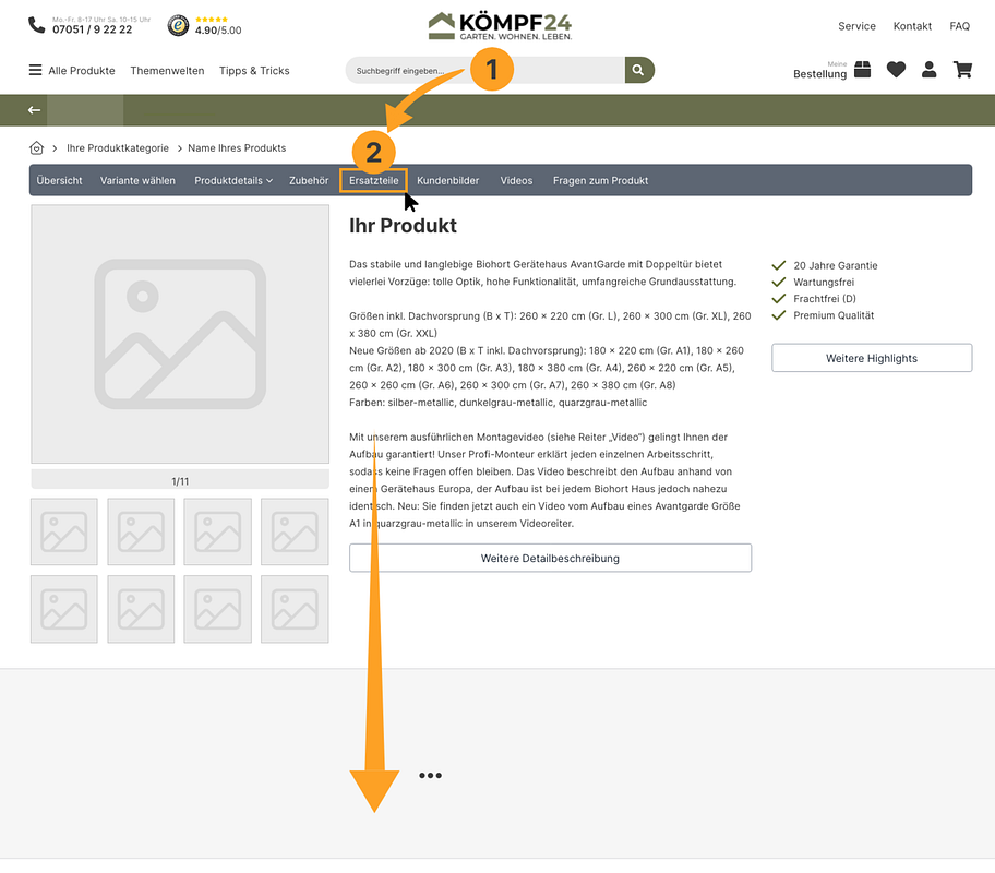 Scrollen Sie auf der Produktdetailseite nach unten zum reiter "Ersatzteile"