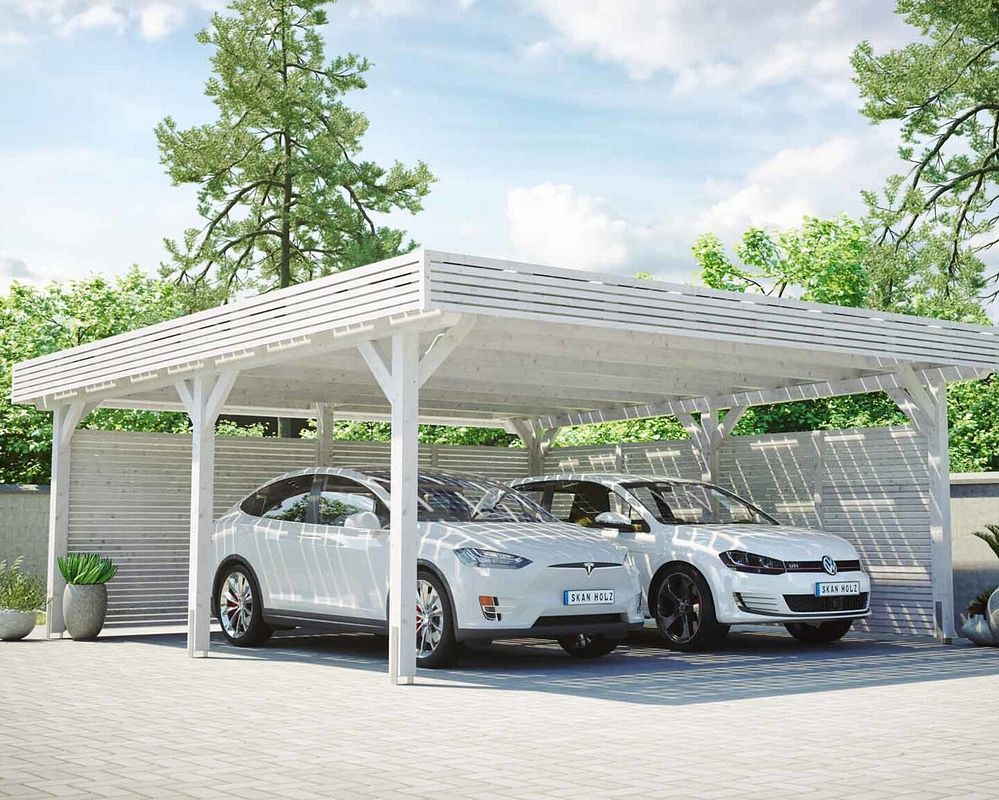 Skan Holz Solardachcarport in weiß mit zwei Stellplätzen
