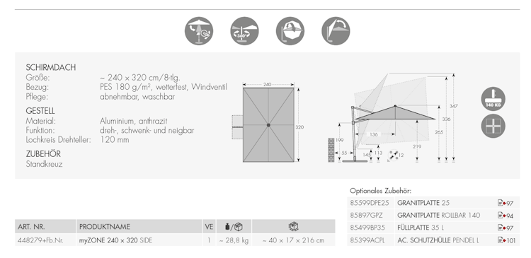 doppler Pendelschirm myZONE 240 x 320, Aluminium Anthrazit / 100 % Polyester 180 g/m²