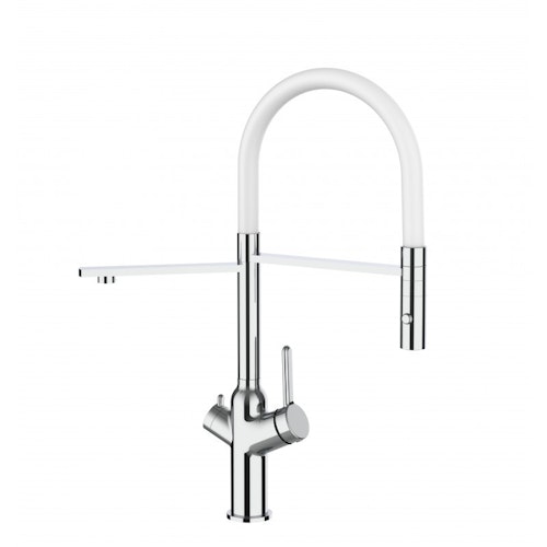 3 Wege Wasserhahn Küchenarmatur, BOD, mit 360° schwenkbarem Auslauf, abnehmbare 2 strahl Handbrause, Verchromt / Weiß