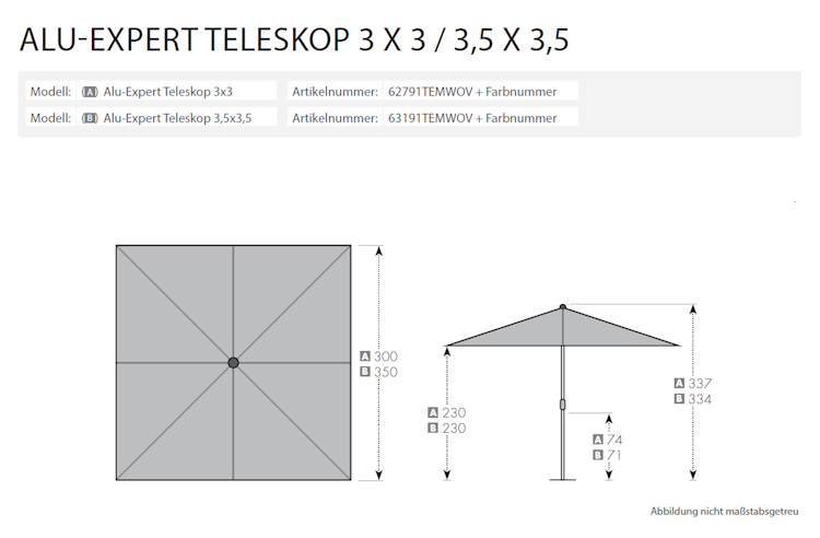 doppler Mittelmastschirm ALU EXPERT 300 x 300 Telescope, Aluminium Silber / 100 % Polyester 180 g/m²