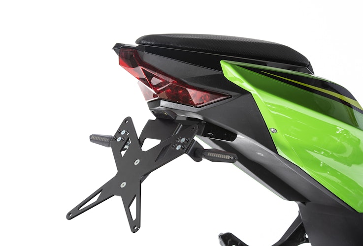 PROTECH X-SHAPE Kennzeichenhalter SET mit Reflektor und Beleuchtung Alu & Stahl Schwarz für KAWASAKI Ninja 400, Ninja 500 SE, Ninja E-1