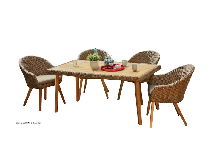 Garden Pleasure Gartenmöbel Set CARSON, Tisch 162 x 90 + 4 Sessel, Akazie / Polyrattan Hellbraun / Kissen 100 % Polyester Taupe