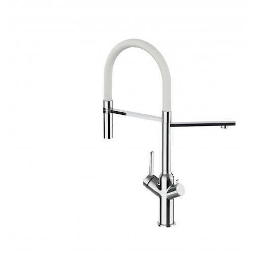 3 Wege Wasserhahn Küchenarmatur, BOD, mit 360° schwenkbarem Auslauf, abnehmbare 2 strahl Handbrause, Verchromt / Weiß