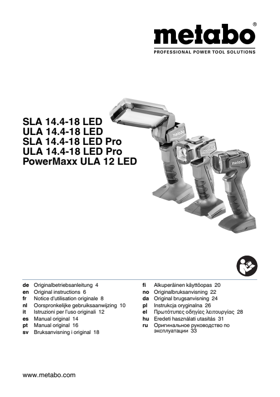Bedienungsanleitung fÃ¼r Metabo Akku-Stablampe SLA 14.4-18 LED
