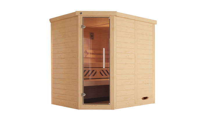 Weka Premium Massivholz-Elementsauna Kemi Eck mit Glastür inkl. Komfortpaket - 45 mm