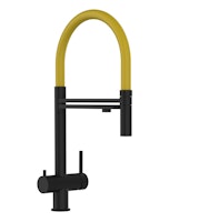 3 Wege Wasserhahn Küchenarmatur, Edelstahl Massiv mit 360° schwenkbarem Auslauf und abnehmbare 2 strahl Handbrause, PVD Schwarz Matt / Gelb