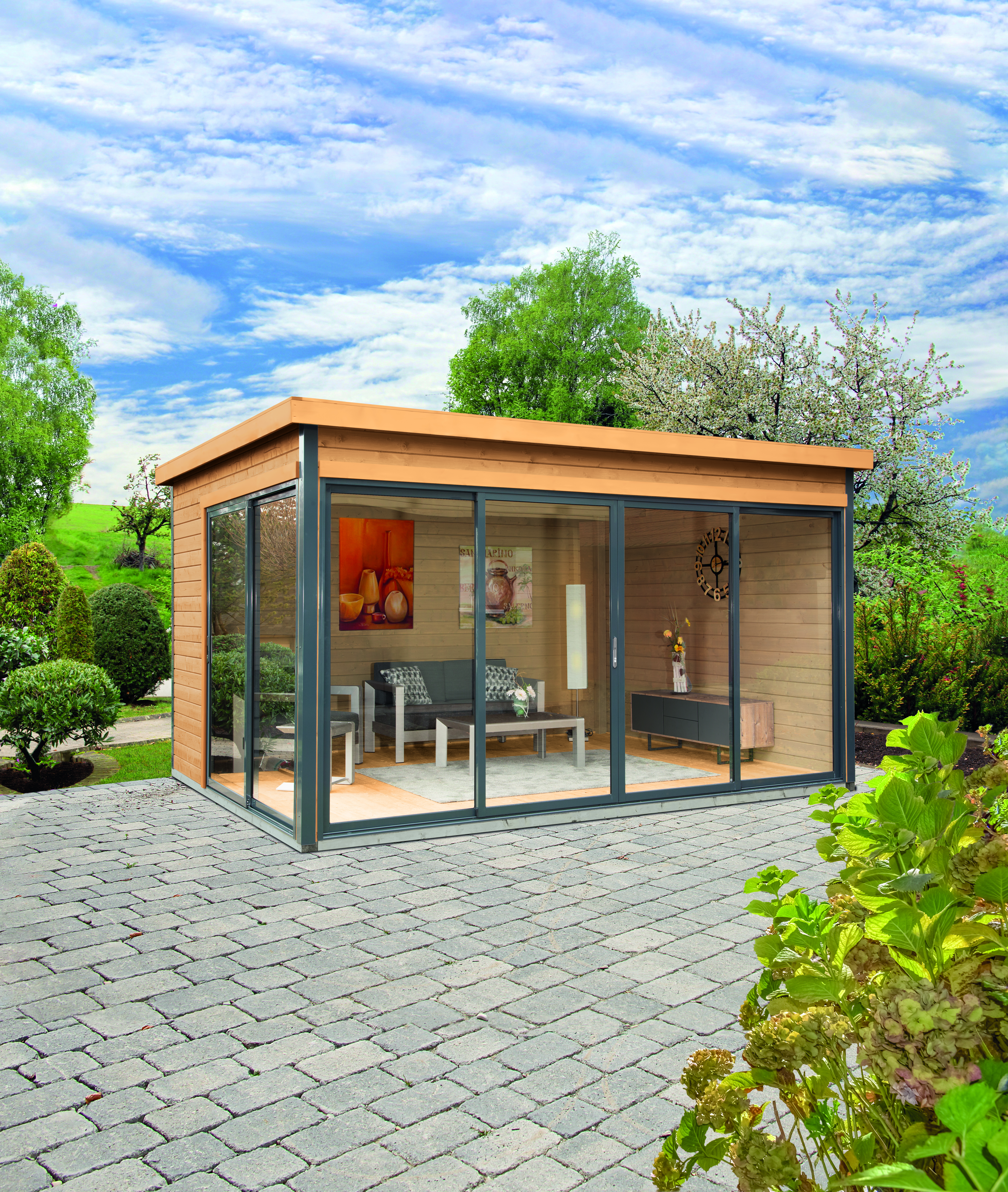 Wolff Finnhaus Gartenhaus Studio 44-D mit Alu-Eckverkleidung