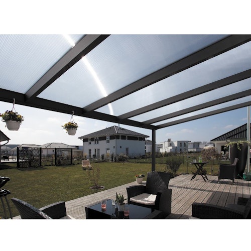 Skan Holz Aluminium Terrassenüberdachung Genua Breite 434 cm