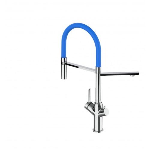 3 Wege Wasserhahn Küchenarmatur, BOD, mit 360° schwenkbarem Auslauf, abnehmbare 2 strahl Handbrause, Verchromt / Blau