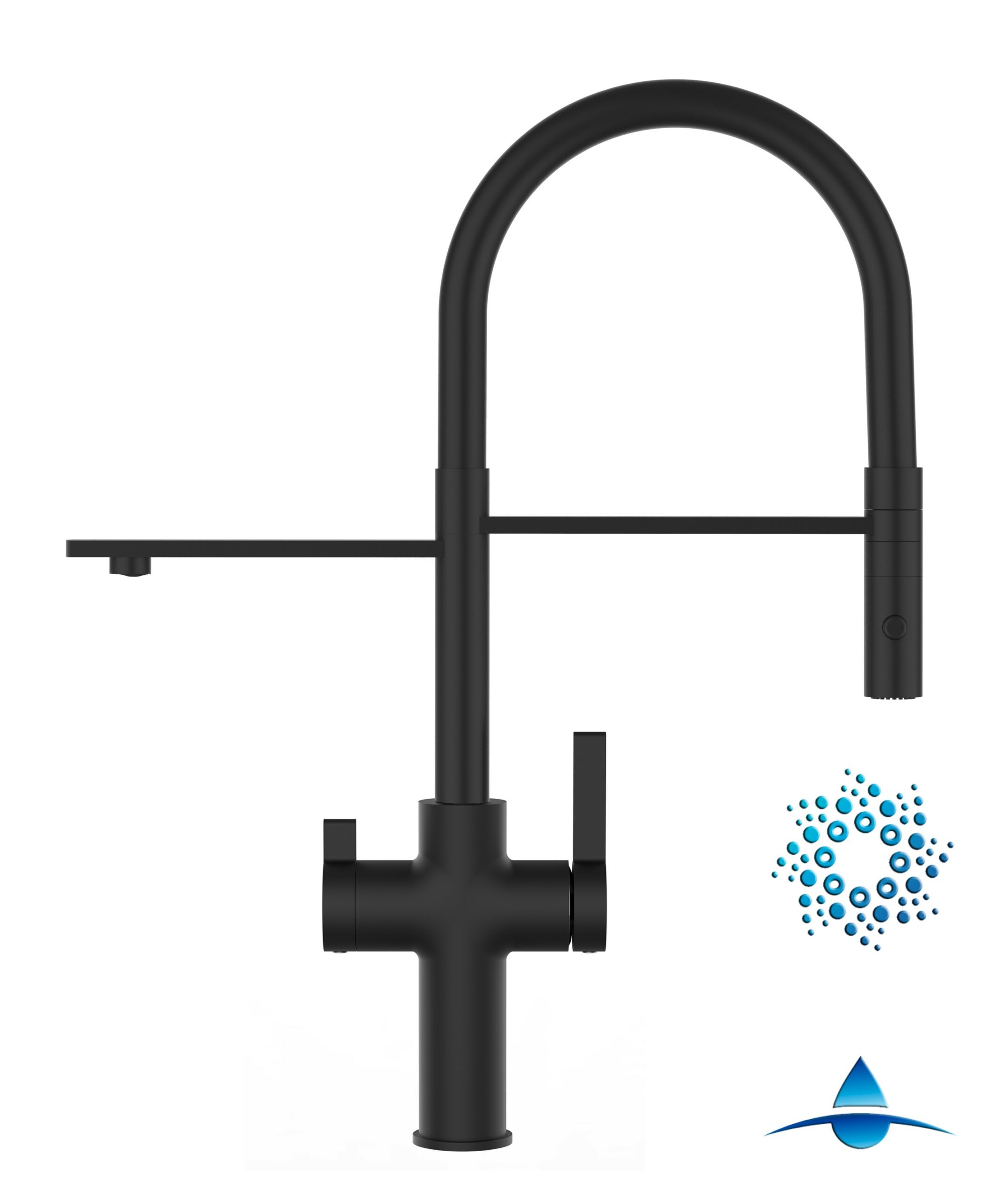 4 Wege Wasserhahn Küchenarmatur, FC, mit 360° schwenkbarem Auslauf, abnehmbare 2 strahl Handbrause, Schwarz Matt / Schwarz