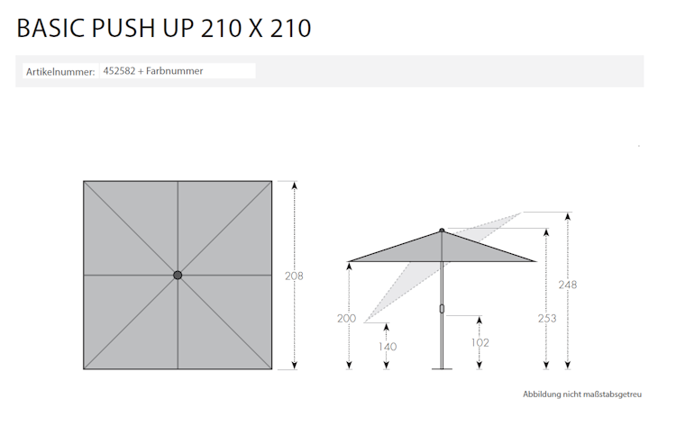 Derby Mittelsmastschirm BASIC 210 x 210 Push up, Aluminium Anthrazit / 100 % Polyester 180 g/m²