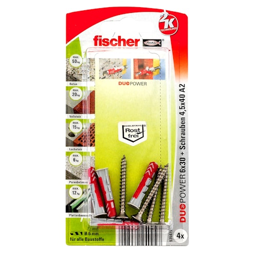 FISCHER Universaldübel Duopower 6x30 S A2 K (4 Stück)