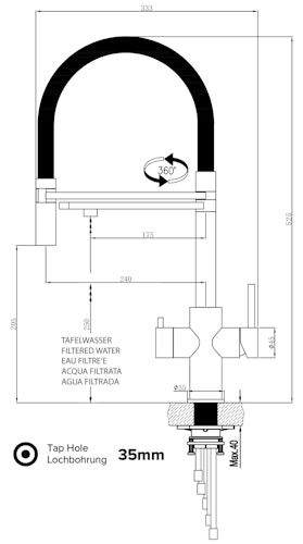 5 Wege Wasserhahn Küchenarmatur, Edelstahl Massiv mit 360° schwenkbarem Auslauf, abnehmbare 2 strahl Handbrause, Hochglanz / Schwarz