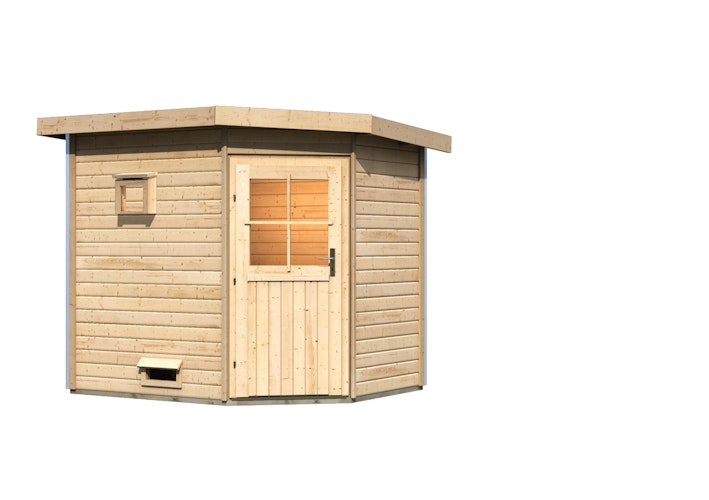 Karibu Gartensauna Pultdach Saunahaus Mikka mit Eckeinstieg naturbelassen inkl. gratis Sauna-Zubehörset im Wert von 234,94 €