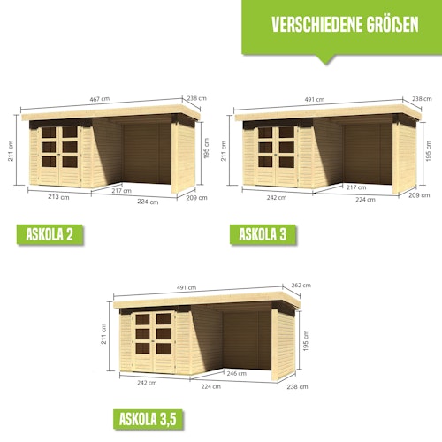 Karibu Woodfeeling Gartenhaus Askola 2/3/3,5/4/5 m. 240 cm Schleppdach/Seiten- und Rückwand in Lamellenoptik