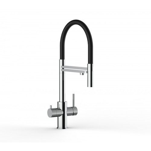 5 Wege Wasserhahn Küchenarmatur, Edelstahl Massiv mit 360° schwenkbarem Auslauf, abnehmbare 2 strahl Handbrause, Hochglanz / Schwarz