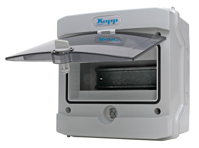 Kopp Aufputz-Feuchtraum-Verteilerkasten 1-reihig/8 Pole, grau/schwarz