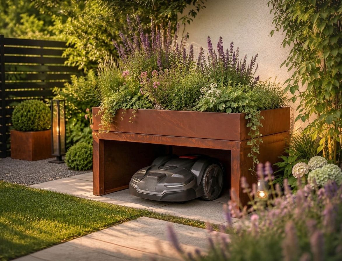 Badeko Mährobotergarage in Edelrostoptik mit Pflanzwanne H 45cm, B 80cm, T 70cm