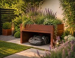 Badeko Mährobotergarage in Edelrostoptik mit Pflanzwanne H 45cm, B 80cm, T 70cm