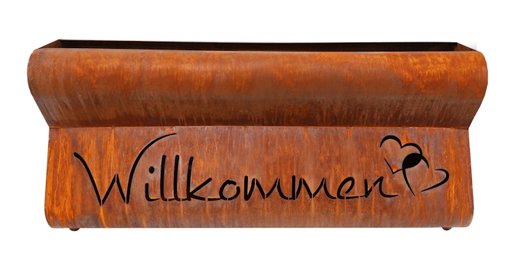 Badeko Pflanzgefäß Bregenz in Edelrostoptik „Willkommen“