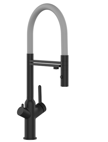4 Wege Wasserhahn Küchenarmatur, BOD, mit 360° schwenkbarem Auslauf, abnehmbare 2 strahl Handbrause, Schwarz Matt / Grau