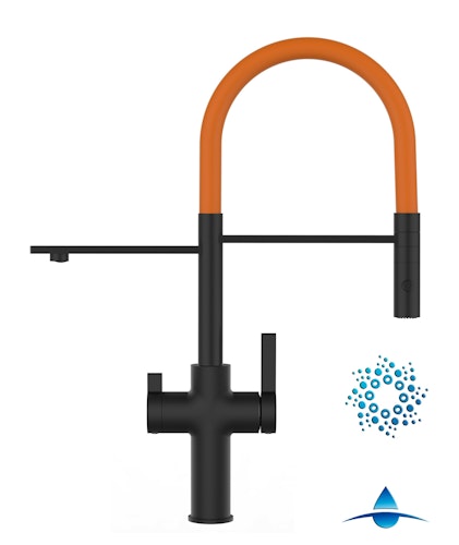 4 Wege Wasserhahn Küchenarmatur, FC, mit 360° schwenkbarem Auslauf, abnehmbare 2 strahl Handbrause, Schwarz Matt / Orange