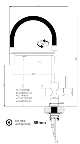 Kurzversion 47 cm - 5 Wege Wasserhahn Küchenarmatur, Edelstahl Massiv mit 360° schwenkbarem Auslauf, abnehmbare 2 strahl Handbrause, PVD Schwarz Matt / Hellblau