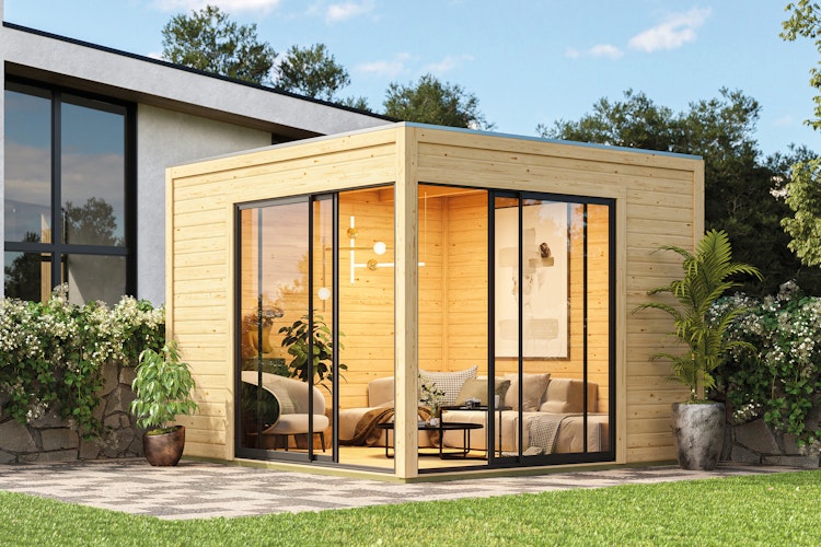 Karibu Design Gartenhaus Dice 3 mit 2 Aluminium Schiebetüren - 38 mm (Homeoffice-Gartenhaus)