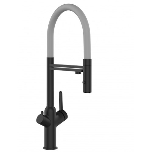 3 Wege Wasserhahn Küchenarmatur, BOD, mit 360° schwenkbarem Auslauf, abnehmbare 2 strahl Handbrause, Schwarz Matt / Grau