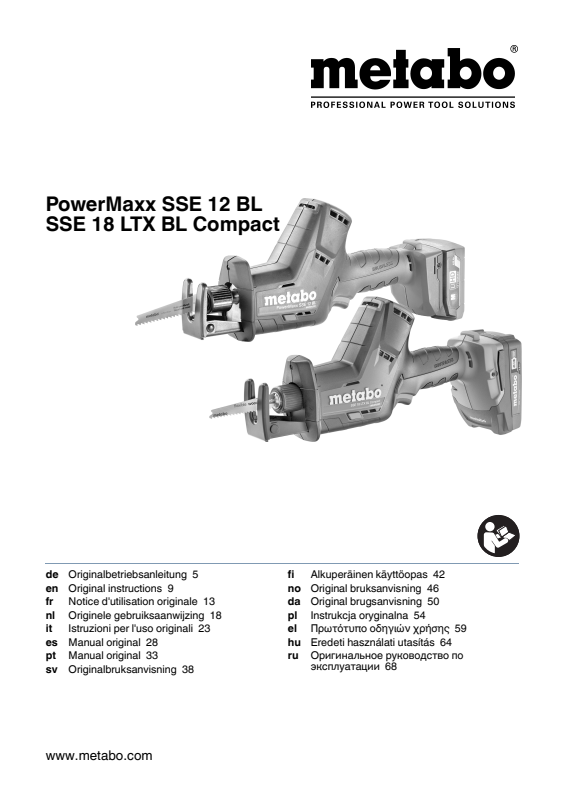 Bedienungsanleitung fÃ¼r Metabo Akku-SÃ¤belsÃ¤ge SSE 18 LTX BL Compact