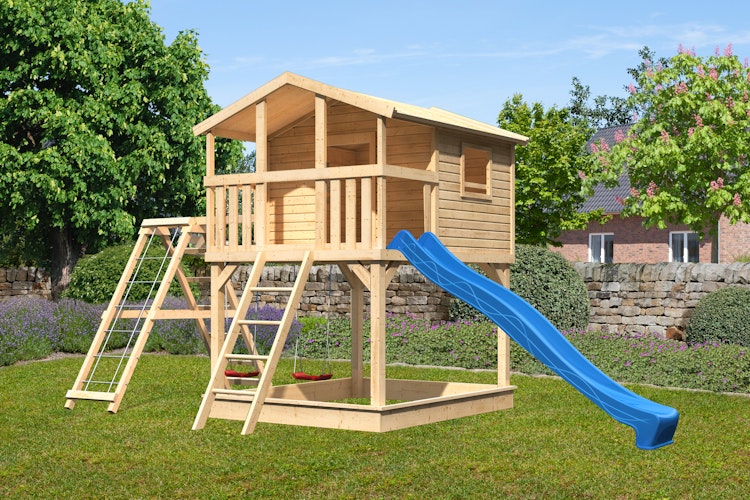 Akubi Kinderspielhaus Kinderspielgerät Benjamin inkl. Wellenrutsche und Doppelschaukelanbau mit Klettergerüst und Netzrampe