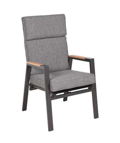 Garden Pleasure Gartenmöbel Set BARLETTA, Tisch 180 x 91 + 4 Stapelsessel, Alu Anthrazit / Nonwood Holz-Optik / Kissen 100 % Polyester