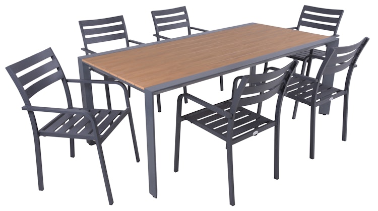 Garden Pleasure Gartenmöbel Set SILEA / TREVISO 02, Tisch 200 x 100 + 6 Stapelsessel, Aluminium / Nonwood