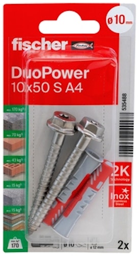 FISCHER DuoPower 10 x 50 S Schraube nicht rostender Stahl A4 (2 Stück) 535488