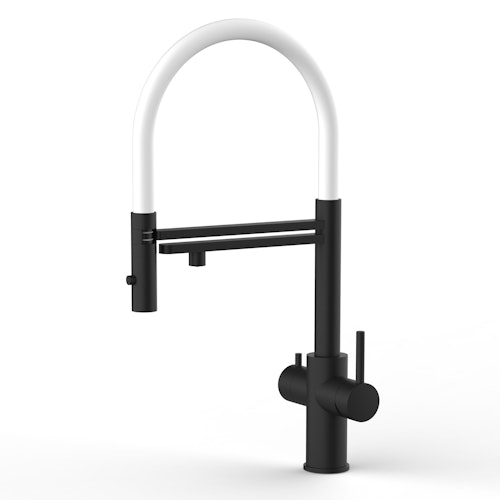 5 Wege Wasserhahn Küchenarmatur, Edelstahl Massiv mit 360° schwenkbarem Auslauf, abnehmbare 2 strahl Handbrause, PVD Schwarz Matt / Weiß