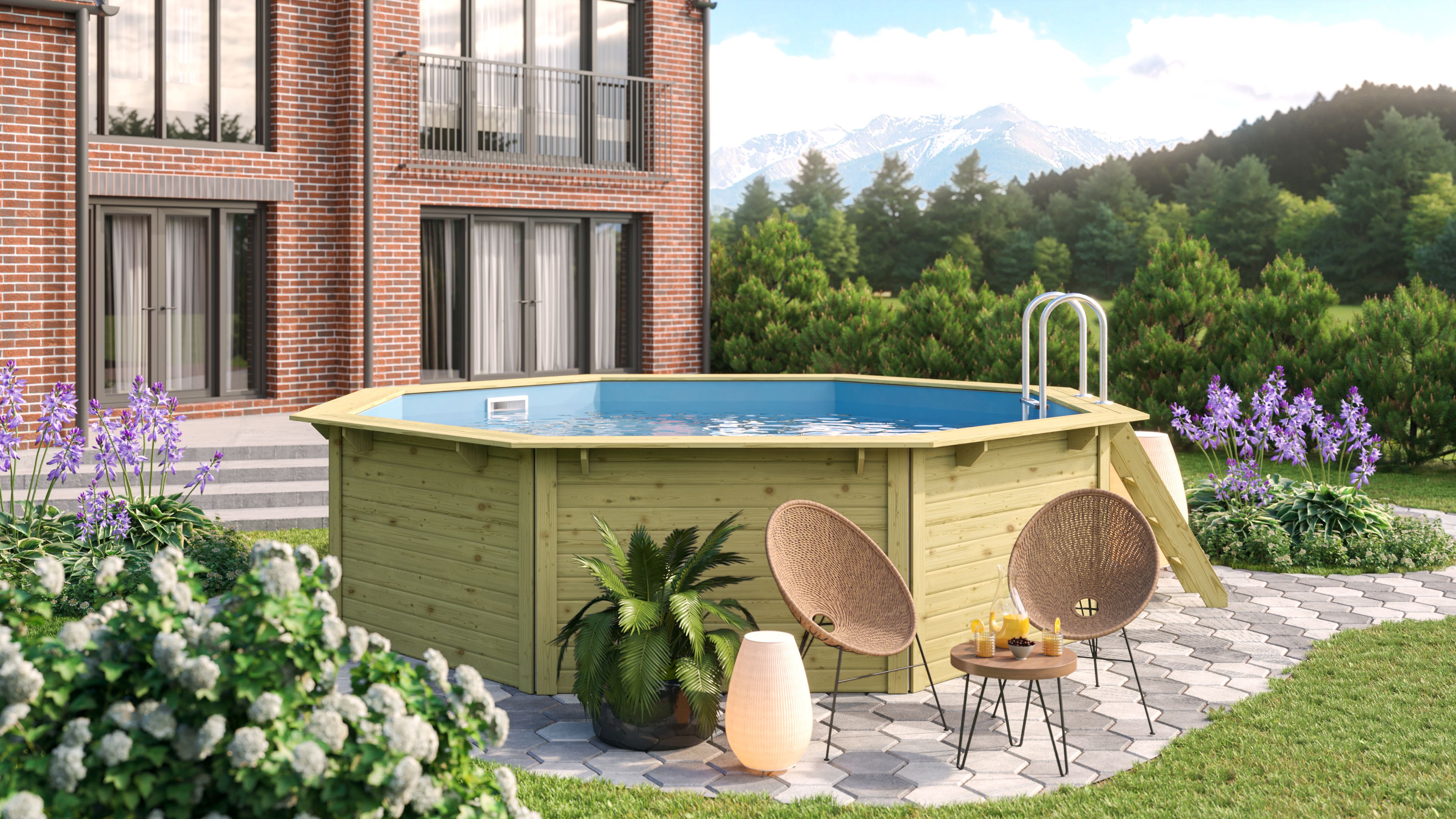 Karibu Pool Modell X2 470 x 470 cm - kesseldruckimprägniert mit Metallecken inkl. gratis Sandfilteranlage & Pool-Starterset (Gesamtwert 418,99€)