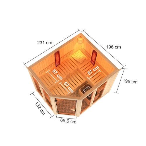 Karibu Multifunktions-Sauna Ava inkl. Infrarotstrahler mit Eckeinstieg 68 mm inkl. gratis Sauna-Zubehörset im Wert von 234,94 €