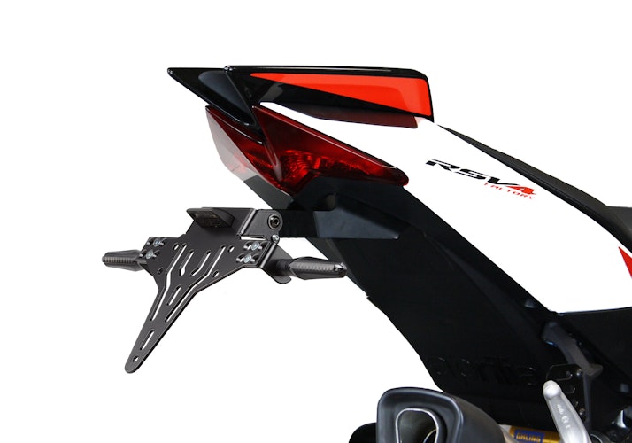 PROTECH V-SHAPE Kennzeichenhalter SET mit Reflektor und Beleuchtung Alu & Stahl Schwarz für APRILIA RSV4 / Factory, Tuono V4 / Factory