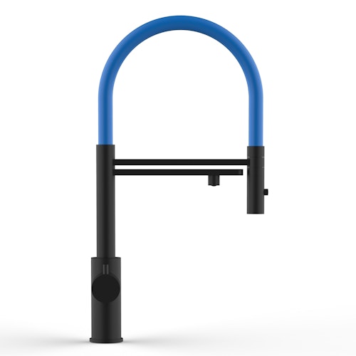 5 Wege Wasserhahn Küchenarmatur, Edelstahl Massiv mit 360° schwenkbarem Auslauf, abnehmbare 2 strahl Handbrause, PVD Schwarz Matt / Blau