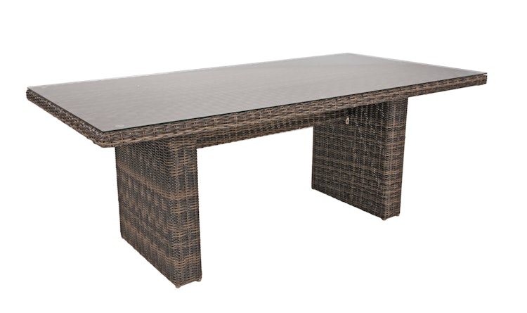 Garden Pleasure Gartenmöbel Set BORDEAUX I, Tisch 200 x 100 + 4 Sessel, Polyrattan Nelkenbraun / Glasplatte / Kissen 100 % Polyester Dunkelgrau