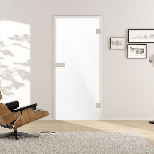 Griffwerk Glasdrehtür (VSG) PIANO WHITE VSG PURE WHITE weiß blickdicht 709x1972x8.8mm Studio/Office DIN L/R