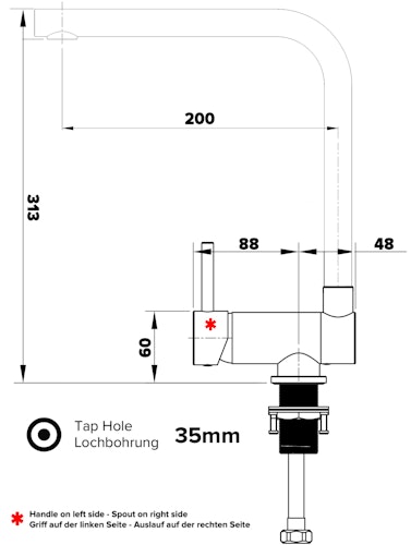 Wasserhahn Vorfenster Küchenarmatur, Umklappbar 6 CM, LINKER HEBEL, mit 360° schwenkbarem L-Auslauf, Verchromt