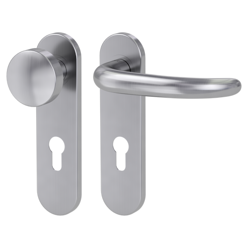 Griffwerk ULMER GRIFF PROF | DESIGN MANUFAKTUR  FS Panik Edelstahl matt -Kurzschild-Garnitur -Schraubt. Knopf R2 -WR -Stift 9mm -TS 38-50mm