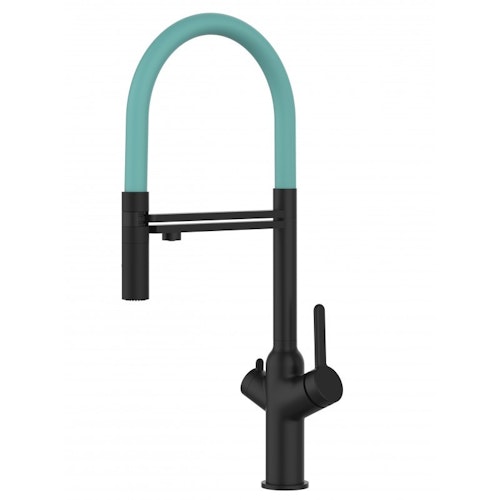 3 Wege Wasserhahn Küchenarmatur, BOD, mit 360° schwenkbarem Auslauf, abnehmbare 2 strahl Handbrause, Schwarz Matt / Türkis