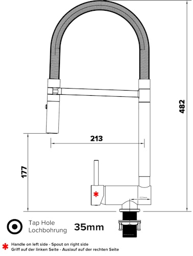 Wasserhahn Vorfenster Küchenarmatur, Umklappbar 6 CM, LINKER HEBEL, mit 360° schwenkbarem Auslauf abnehmbare 2 strahl Handbrause, Verchromt / Weiß