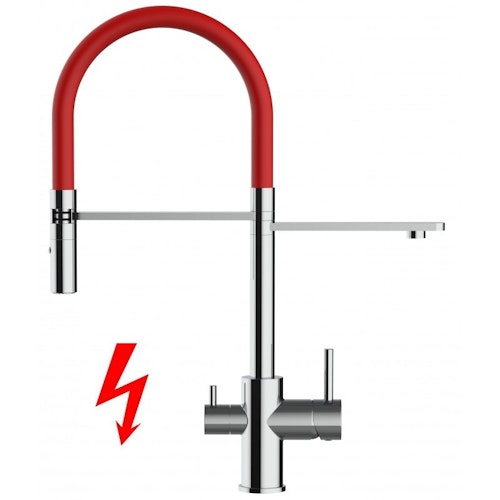 NIEDERDRUCK 3 Wege Wasserhahn Küchenarmatur, FL, mit 360° schwenkbarem Auslauf, abnehmbare 2 strahl Handbrause, Verchromt / Rot